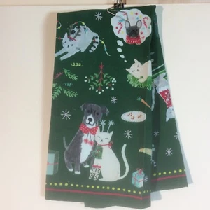 NWT Anthropologie Christmas Pets Dishtowel Winter Green Fun Dog Puppy Cat Kitten - Picture 1 of 6