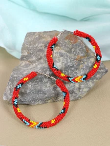 Nativ American Style Earrings-Multicolor seed Bead Bohemian Red Hoops Jewelry - Picture 1 of 3