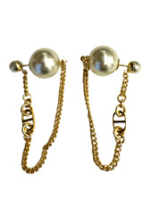 CHRISTIAN DIOR Tribales CD Pearl Drop Chain Gold Earrings