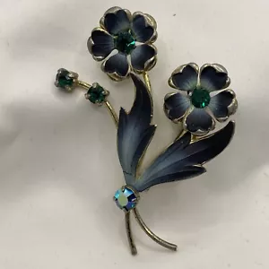 Vintage Blue Enamel Rhinestone Flower Bouquet Brooch Made in Austria Lapel Pin - Picture 1 of 4