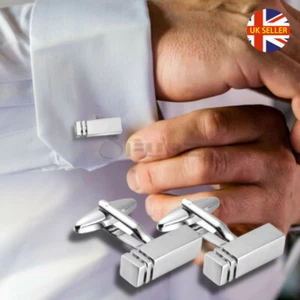 Silver Shirt Cufflinks Rectangle Column Pillar Cuff Link Birthday Wedding Gift - Picture 1 of 8
