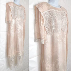 Vintage 80s Jessica McClintock Peach Satin Lace Dress Victorian Flapper M-L - Picture 1 of 20