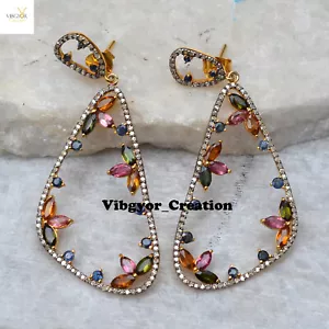 Pendientes Pave Diamond Multi Turmalina Pendientes de Plata Sólida 925 Oro Vermeil Joyería - Imagen 1 de 4