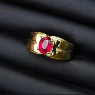 Anel masculino solitário de rubi vermelho natural corte oval GIA sólido ouro amarelo 14k 2 quilates - Imagem 1 de 4