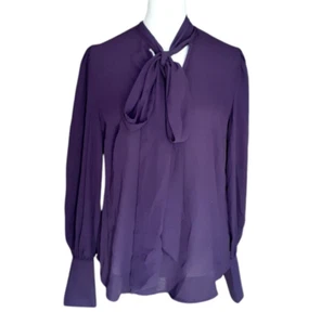 NY & Co Purple Blouse Office Bow Collar V Neck Lavallière Boss Style 2155 NEW - Picture 1 of 10