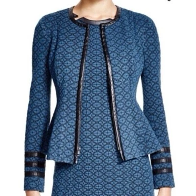 Chaqueta Nanette Lepore Secret Society Jacquard Azul Talla 0 Nueva con Etiquetas Borde de Cuero Acampanado Foto 1 de 4