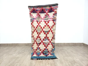 Vintage Berber geometrischer Teppich 2x5 marokkanisch handgefertigt beige rot blau Boujaad Läufer - Bild 1 von 7