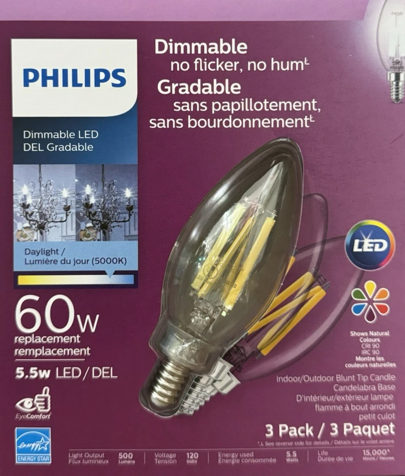 3 Philips 60-Watt Clear B11 Blunt Tip Daylight Bright LEDs w/Candelabra Base - Image 1 of 3