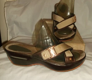 Cole Haan Brown Leather Cream Fabric Criss Cross Wedge Slide Sandals 9-1/2 B - Picture 1 of 5
