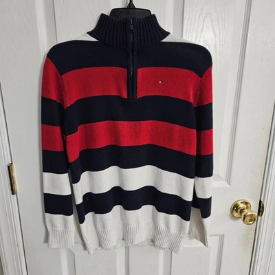 Boys Tommy Hilfiger 1/4 Zip Striped Knit Sweater L 16-18 100% Cotton - Image 1 of 4