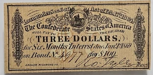 $3 TRES DÓLARES CSA ESTADOS CONFEDERADOS DE AMÉRICA $100 1864 Cupón de bonos - Imagen 1 de 2
