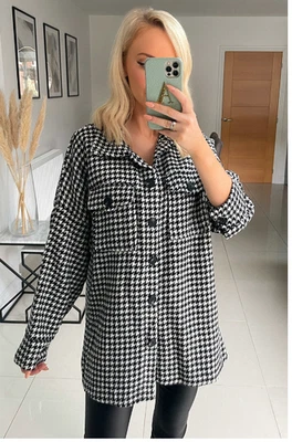 Camisa negra Cindy Dogtooth botón chamarra hecha en Italia UK10 manga larga E4318 Foto 1 de 4