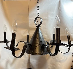 Chandelier Vintage Punched Tin Witch Hat 6 Arm Light Fixture With Bulbs 26" Diam - Picture 1 of 8
