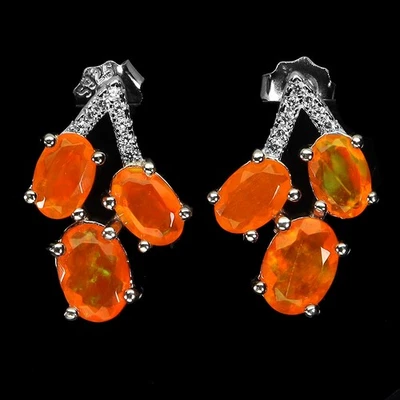 925 Sterling Silver Earrings Oval Orange Opal 7x5mm Natural Gemstone Jewelry - Image 1 of 4