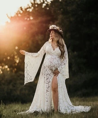 Boho Lace Maternity Photography Dress Pregnancy PhotoShoot Long Sleeve - Image 1 of 4