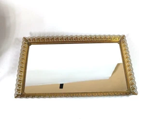 Vintage Mirror Vanity Tray Perfume Ornate Brass Gold Tone Floral Filigree - Picture 1 of 9