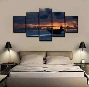 Arte de pared de lona panel de 5 piezas puesta de sol portaaviones barco militar de la Marina de los Estados Unidos - Imagen 1 de 5