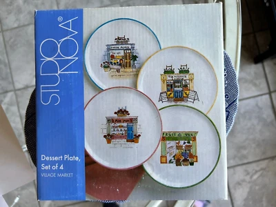 Редкие винтажные рыночные тарелки Studio Nova Village полный набор из 4/фруктов/овощей/юмей - Изображение 1 из 4