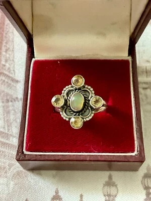 ANCIENNE BAGUE ARGENT MASSIF - OPALE ET  4 CITRINES VÉRITABLES - CREATEUR - Photo 1/4