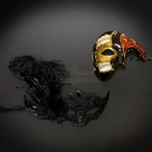 Couple's Masquerade Masks Phantom Feather Black Red M2604, M8337 - Picture 1 of 4