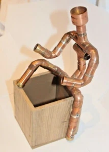 Copper Pipe figure man ornament with wooden pen box. Robot style. Metal man - Picture 1 of 9