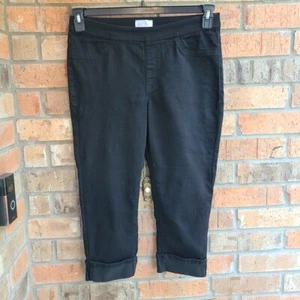 just be... Pantalone jeans donna pull on crop Capri polsini arrotolati nero taglia M - Foto 1 di 7