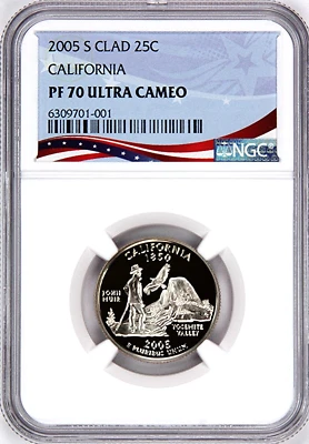 2005-S Proof State Quarter, California,  PF70 Ultra Cameo NGC, Patriotic Label - Image 1 of 4
