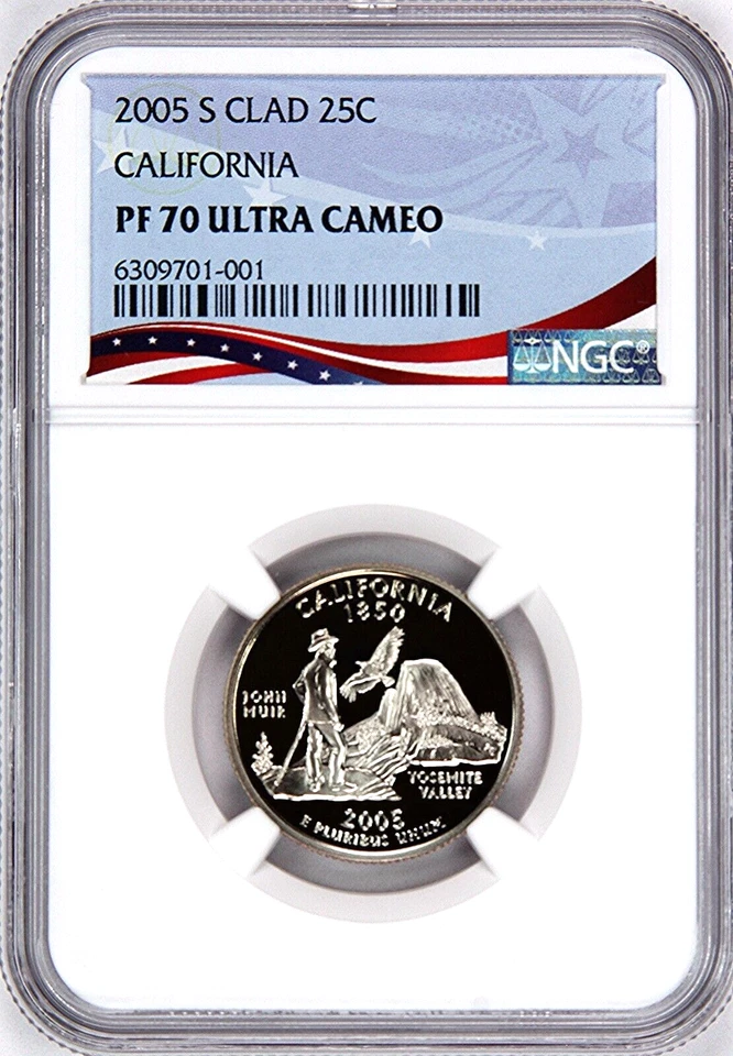 2005-S Proof State Quarter, California,  PF70 Ultra Cameo NGC, Patriotic Label - Image 1 of 4