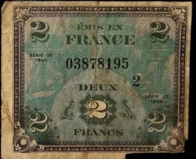 1944 France 2 Francs WW II WW 2 Military Bank Note - Image 1 of 4