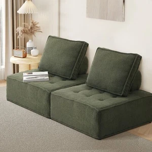 Oikiture 2PCS Modular Sofa Lounge Chair Armless TOFU Back Sherpa Green - Picture 1 of 10