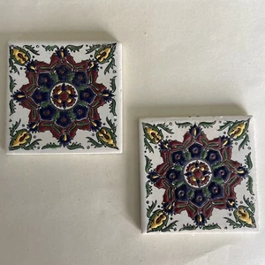 2 Vintage NASSOS RODOS Handmade Greek Tile Coaster Enamel Ceramic Floral Design - Picture 1 of 8