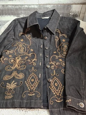 Laura Ashley Womens Size Med Black Denim Embroidered Button Up Jean Jacket — 第 1/4 张图片