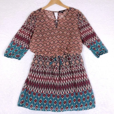 Vestido BeBop Estampado Geométrico XL Multicolor Manga 3/4 Cintura Elástica Boho Foto 1 de 4