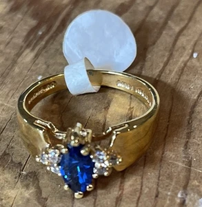 Size 12 14k Gold Filled Blue Stone Ring W/ Diamond Look Accent Stones  - Picture 1 of 9