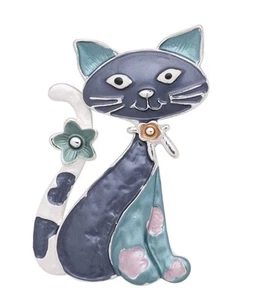 GROOVY KITTY CAT MEOW SILVER TONE DARK LIGHT BLUE MAGNETIC BROOCH PIN - Picture 1 of 2