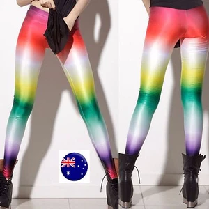 Women Colorful Multicolor Rainbow Costume Skinny Stretch Leggings Pants Jeggings - Picture 1 of 12