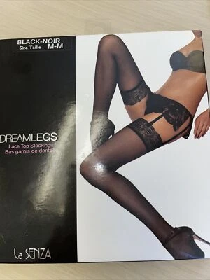 LA SENZA DREAMLEGS WIDE SEXY LACE TOP GARTER STOCKINGS  BLACK M - Image 1 of 3