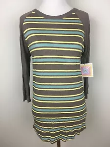 LuLaRoe Randy Raglan Sleeve XS T Shirt Brown Yellow Teal Striped Soft Top NWT - Picture 1 of 7