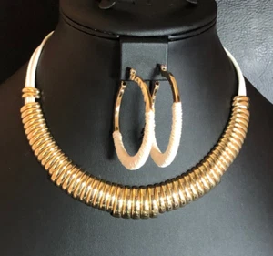Gold Cleopatra Collar Necklace White Cord Signed Loft + Big Hoop Earrings 7646 - Picture 1 of 8