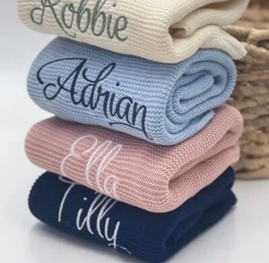 Personalised Cotton Knit Baby Blanket Custom Embroidered Name - Picture 1 of 1
