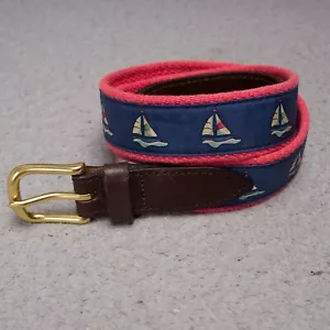 Vineyard Vines Belt Sz 28 Sailboats Sailor Red + Blue Boats Canvas Leather Brass - Picture 1 of 15