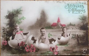 Mehrere Baby 1920 französische Fantasie Realfoto Ostern Postkarte, Kinder in Eiern - Bild 1 von 1
