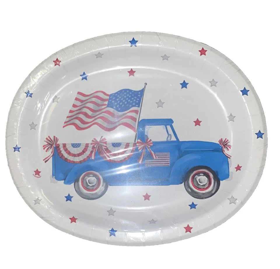 Patriotic Blue Truck  12-inch Oval Paper Plates 8 Pack 10" x 12" Fall Tableware - Image 1 of 4