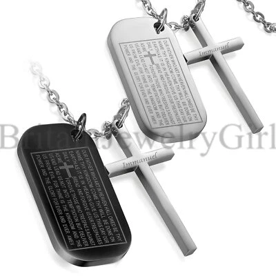 Collar Colgante Cruz Emanuel Oración Bíblica Inglesa Etiqueta de Perro Estilo Ejército para Hombres Foto 1 de 4