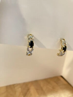 Gold Plated Natural Midnight Sapphire  Half Hoop Earrings - Image 1 of 4