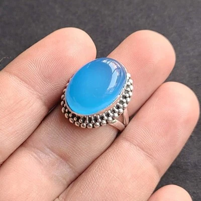 Anillo fino hecho a mano de plata de ley 925 calcedonia azul todos los tamaños disponibles Foto 1 de 4