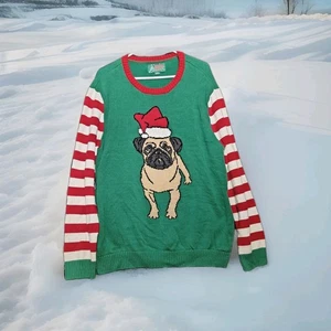 Mops Ugly Weihnachtspullover Damen Größe XXL grün mit rot-weiß gestreiften Ärmeln - Bild 1 von 11