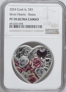 2024 Silver Hearts - Roses 1 oz .999 Silver With Two Gems. NGC PF70 UC Mint 2024 - Picture 1 of 3