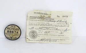 Spilla patente gioco piccolo residente Michigan 1931 retro e patente cartacea - Foto 1 di 5