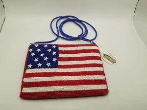 Kleine Glasperlen-Umhängetasche Handtasche Tasche Seidenfutter patriotisch USA mit amerikanischer Flagge - Bild 1 von 9